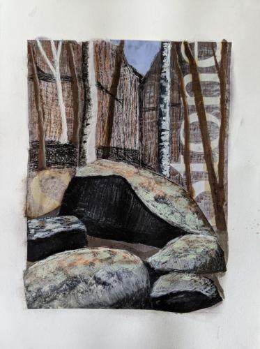 Collage and pastel of large rocks and boulders in Carnarvon Gorge Queensland