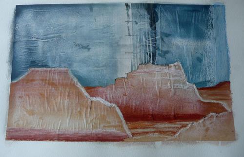 Lunette, Mungo National park, Collage in red earth and blue sky colours