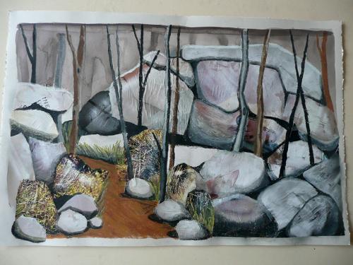 Mt Buffalo after fire collage of rocks and burnt trees, grasses in muted brown colours