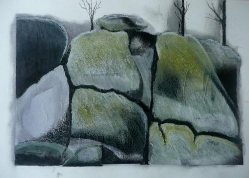 Mt Buffalo after fire, collage of glossy paper and oil pastel of rocks in muted black and white with yellow
