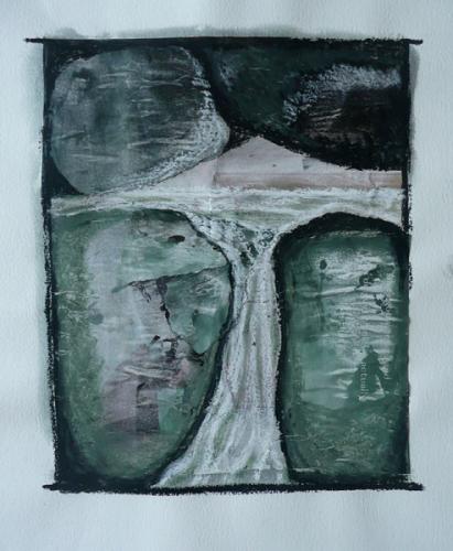 Collage of glossy magazine paper, oil pastel on paper of rocks and waterfall in greens, blacks and whites