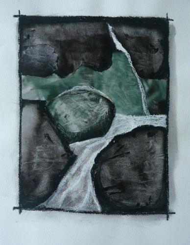 Collage of glossy magazine paper, oil pastel on paper of rocks and waterfall in greens, blacks and whites