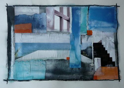 Stairs series collage on paper, abstract squares and stairs in various muted blue and orange colours