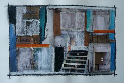 Collage of glossy magazine paper, oil pastel on paper exploring colours of orange and blue