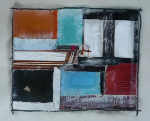 Stairs series collage on paper, abstract squares and stairs in various muted colours