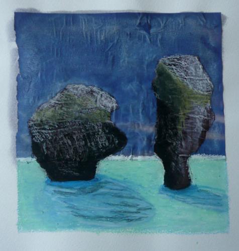 Andaman sea with rock formations, Thailand, collage in blues and greens