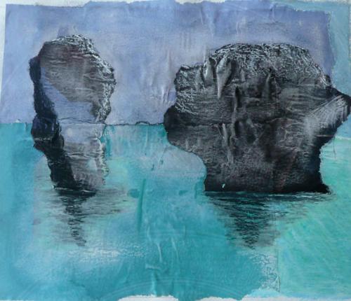 Andaman sea with rock formations, Thailand, collage in blues and greens